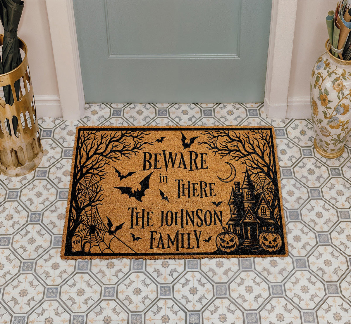 Personalized Halloween Doormat, Beware In There Haunted House Welcome Mat (Coir)