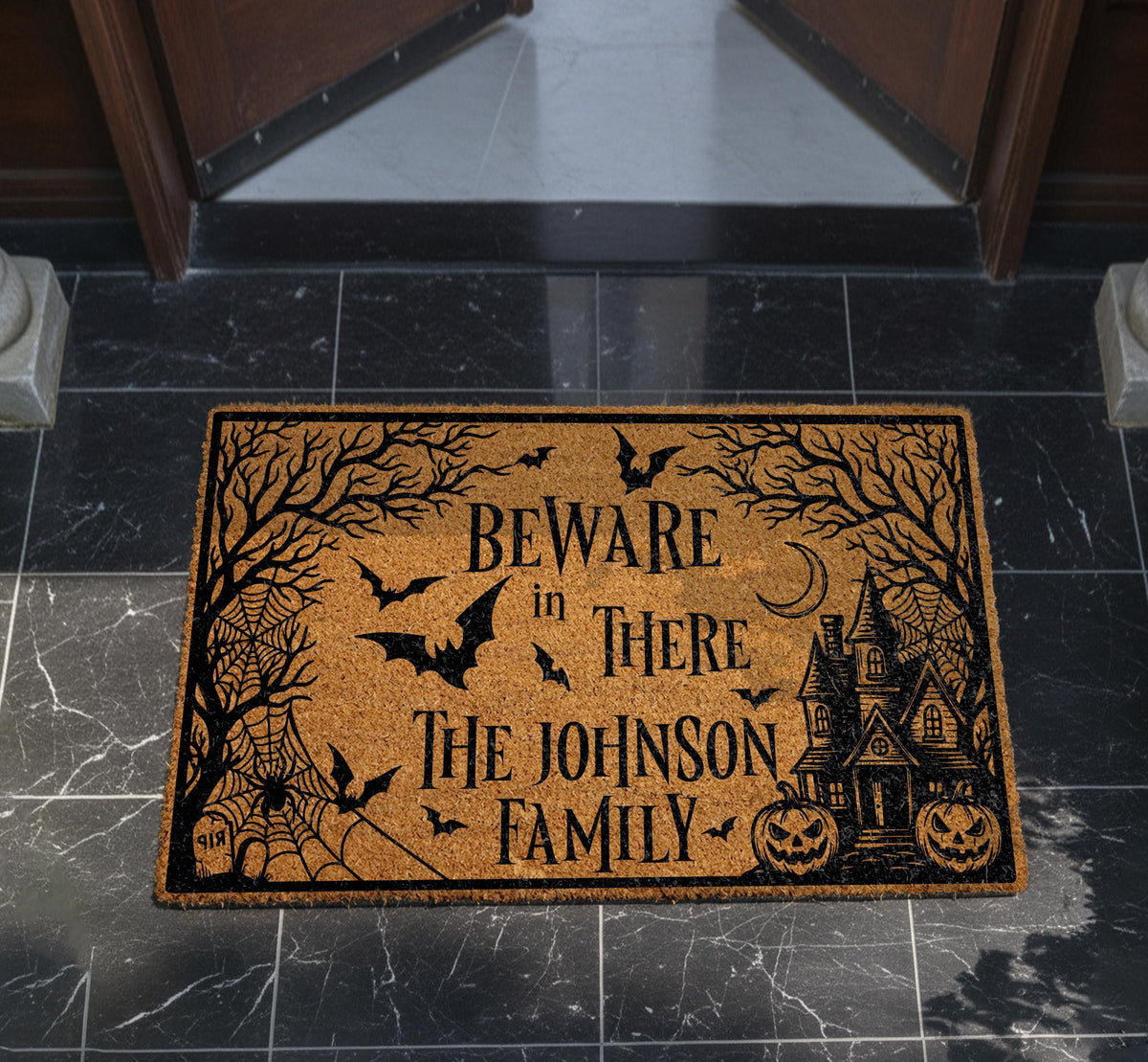 Personalized Halloween Doormat, Beware In There Haunted House Welcome Mat (Coir)