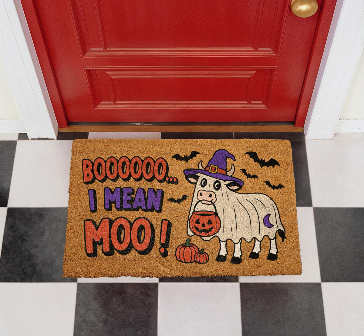 Moo I Mean Boo Doormat | Ghost Cow Halloween Welcome Mat (18x30" Coir)