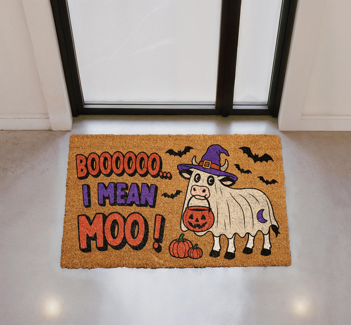 Moo I Mean Boo Doormat | Ghost Cow Halloween Welcome Mat (18x30" Coir)