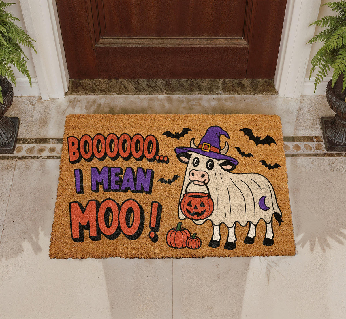 Moo I Mean Boo Doormat | Ghost Cow Halloween Welcome Mat (18x30" Coir)