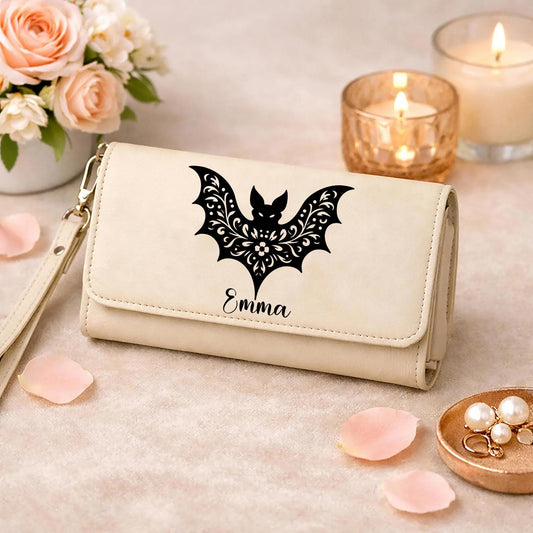 Custom Floral Bat Wallet, Personalized Women's Gothic Wristlet Wallet