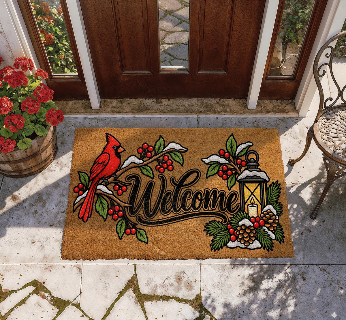Red Cardinal Snowy Winter Welcome Mat, Festive Pinecone Lantern Design Doormat
