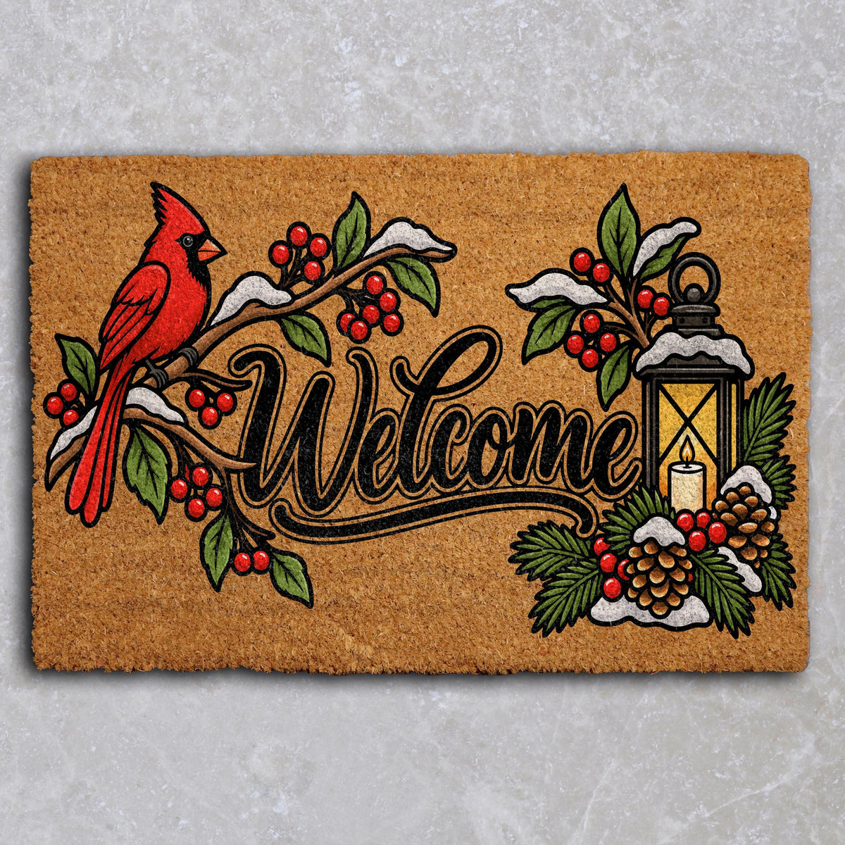 Red Cardinal Snowy Winter Welcome Mat, Festive Pinecone Lantern Design Doormat