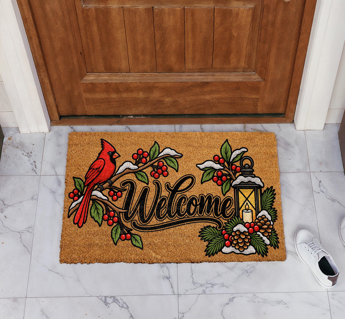Red Cardinal Snowy Winter Welcome Mat, Festive Pinecone Lantern Design Doormat