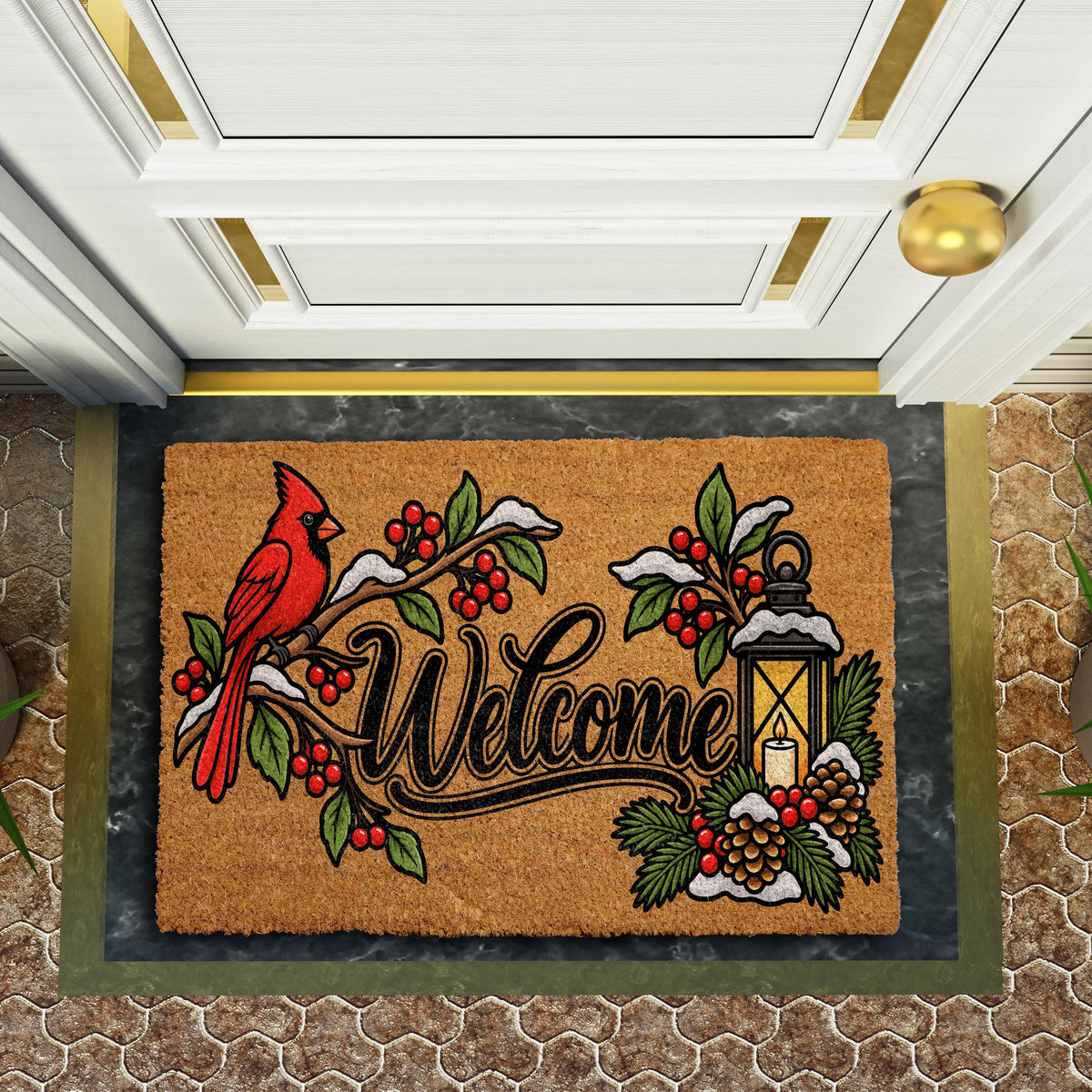 Red Cardinal Snowy Winter Welcome Mat, Festive Pinecone Lantern Design Doormat