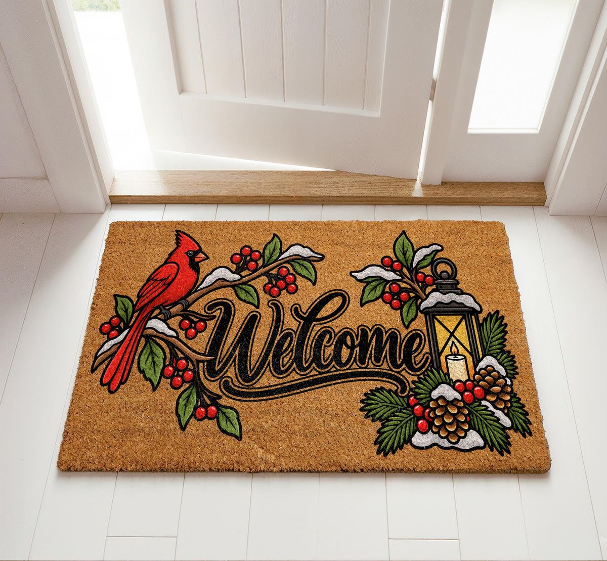 Red Cardinal Snowy Winter Welcome Mat, Festive Pinecone Lantern Design Doormat