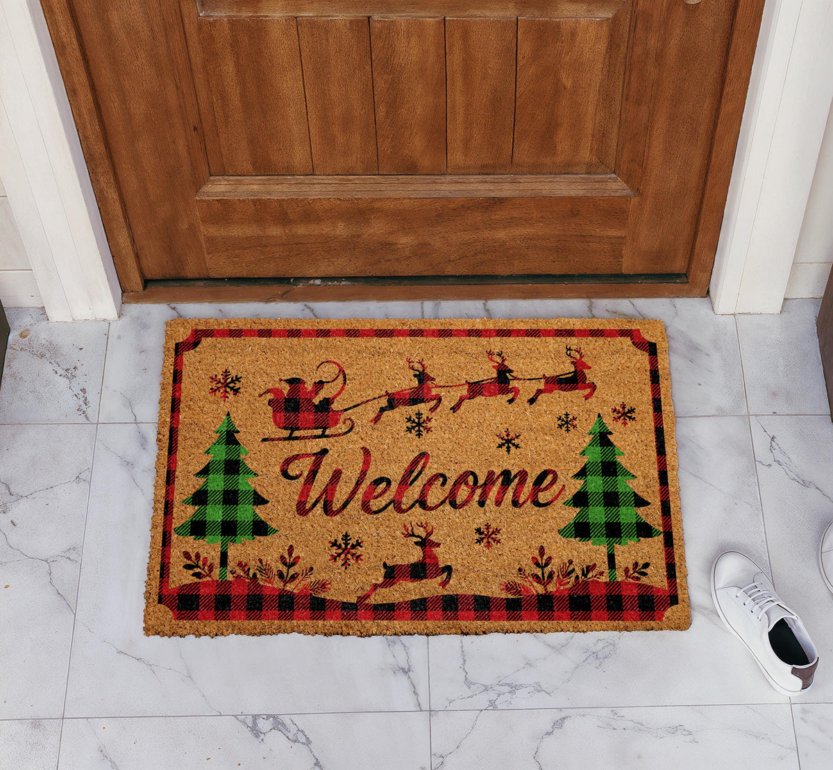 Santa Sleigh Silhouette Christmas Doormat, Buffalo Plaid Holiday Welcome Mat