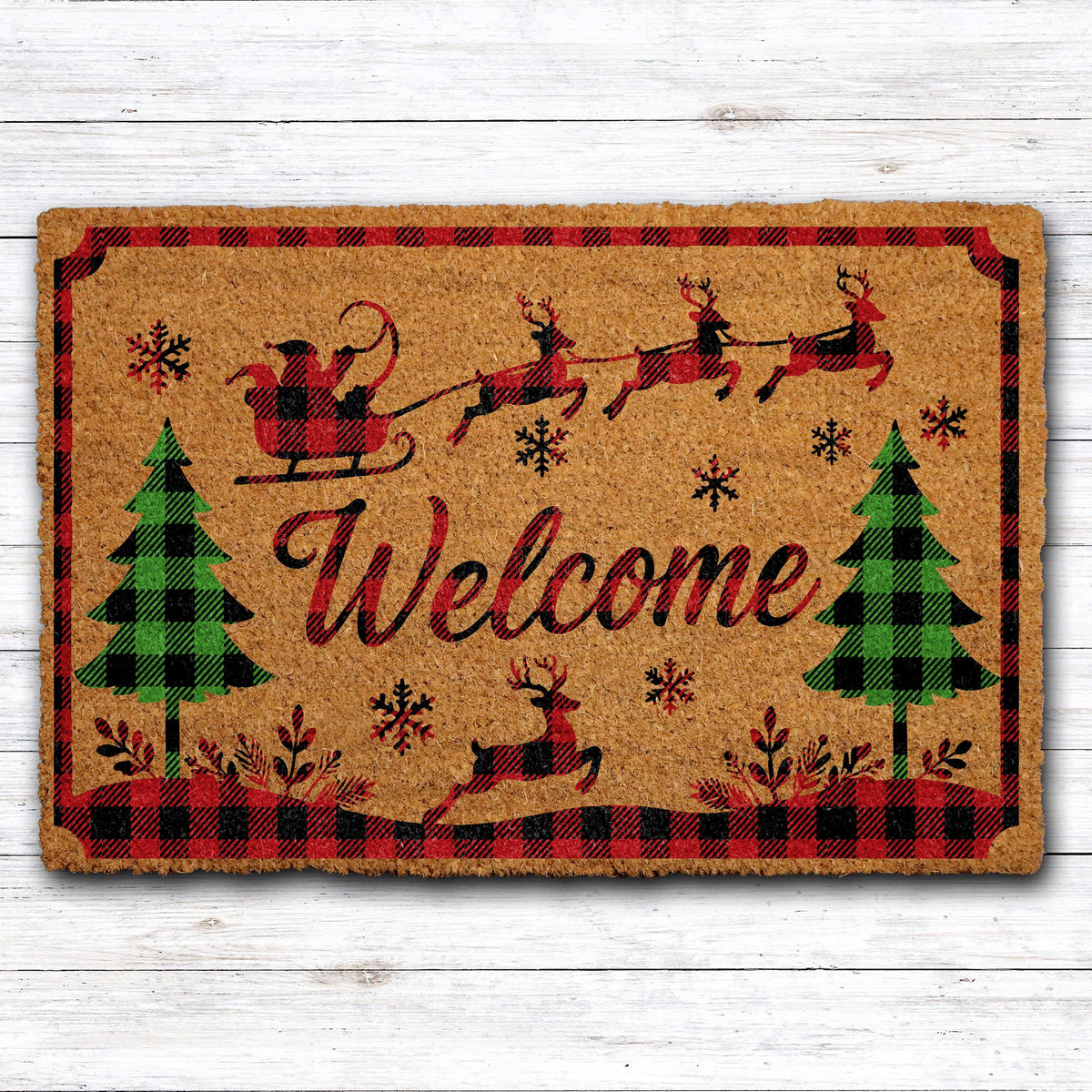 Santa Sleigh Silhouette Christmas Doormat, Buffalo Plaid Holiday Welcome Mat