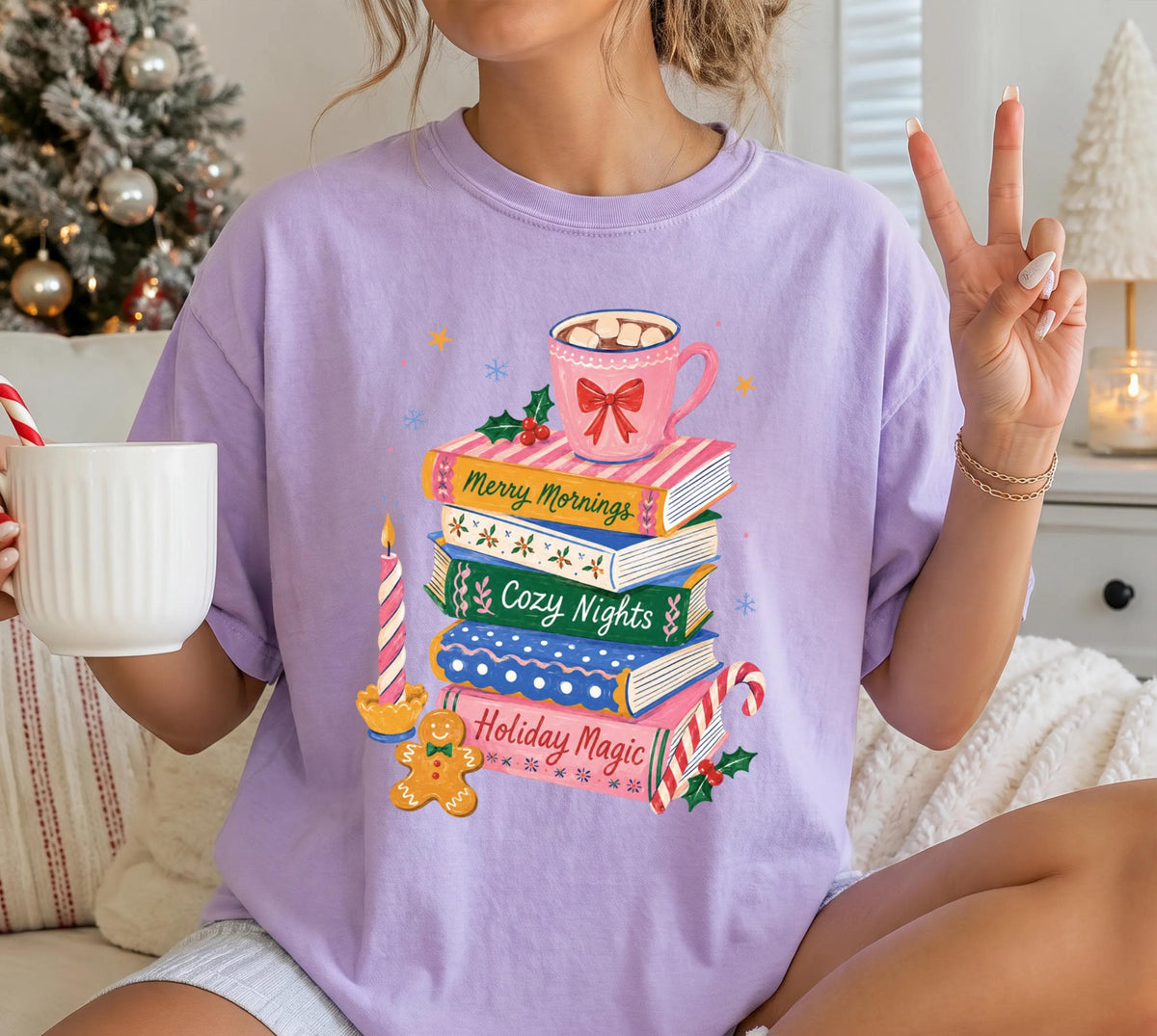 Christmas Books Comfort Colors® T-Shirt, Coffee Lover Reader Xmas Tee, Bookish Women Holiday Gift