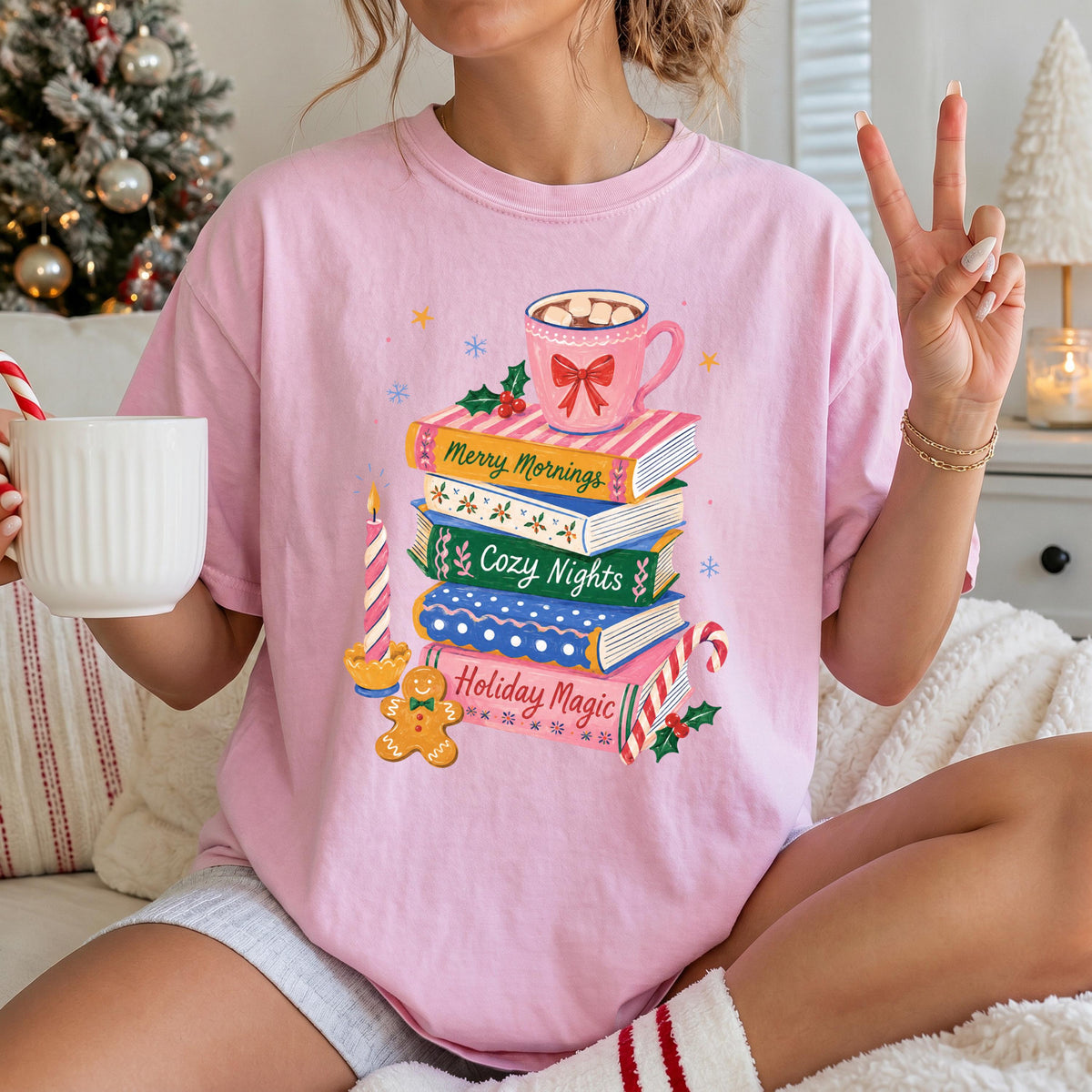 Christmas Books Comfort Colors® T-Shirt, Coffee Lover Reader Xmas Tee, Bookish Women Holiday Gift