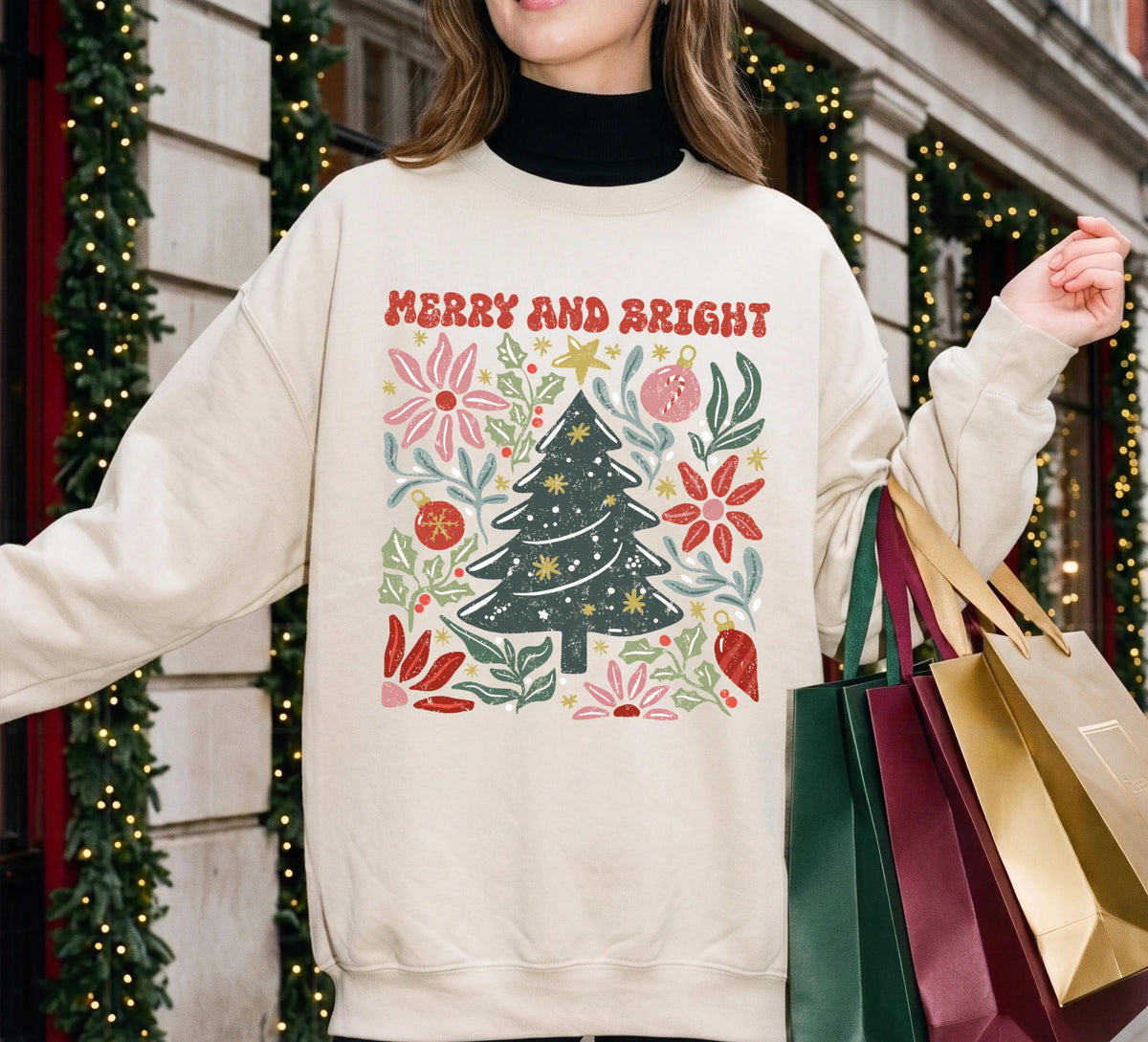 Merry Christmas Sweatshirt, Floral Christmas Tree Tee, Holiday Women Gift Shirt