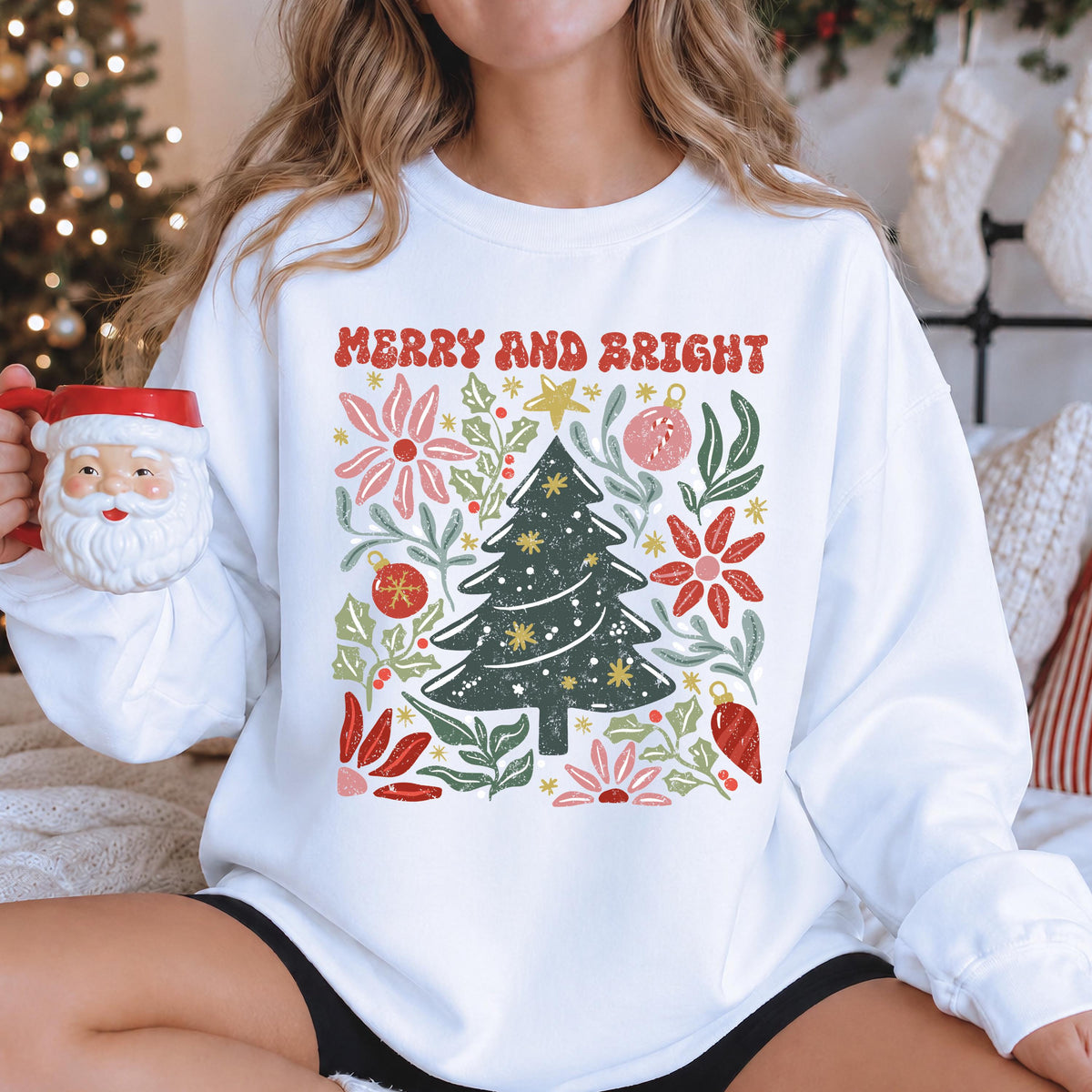 Merry Christmas Sweatshirt, Floral Christmas Tree Tee, Holiday Women Gift Shirt