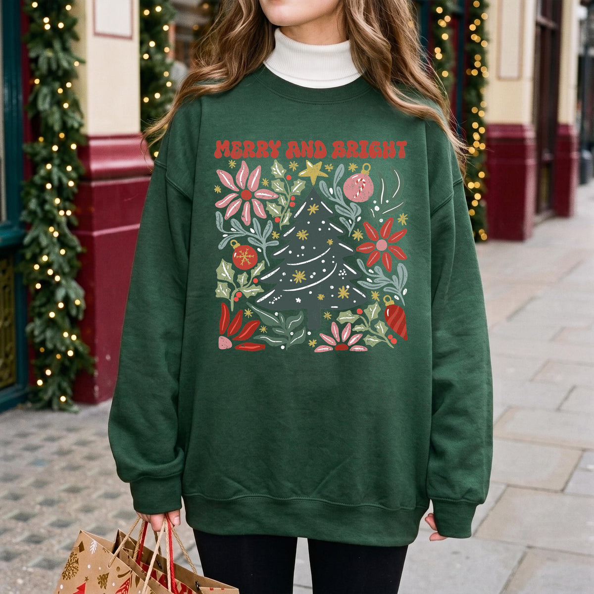 Merry Christmas Sweatshirt, Floral Christmas Tree Tee, Holiday Women Gift Shirt