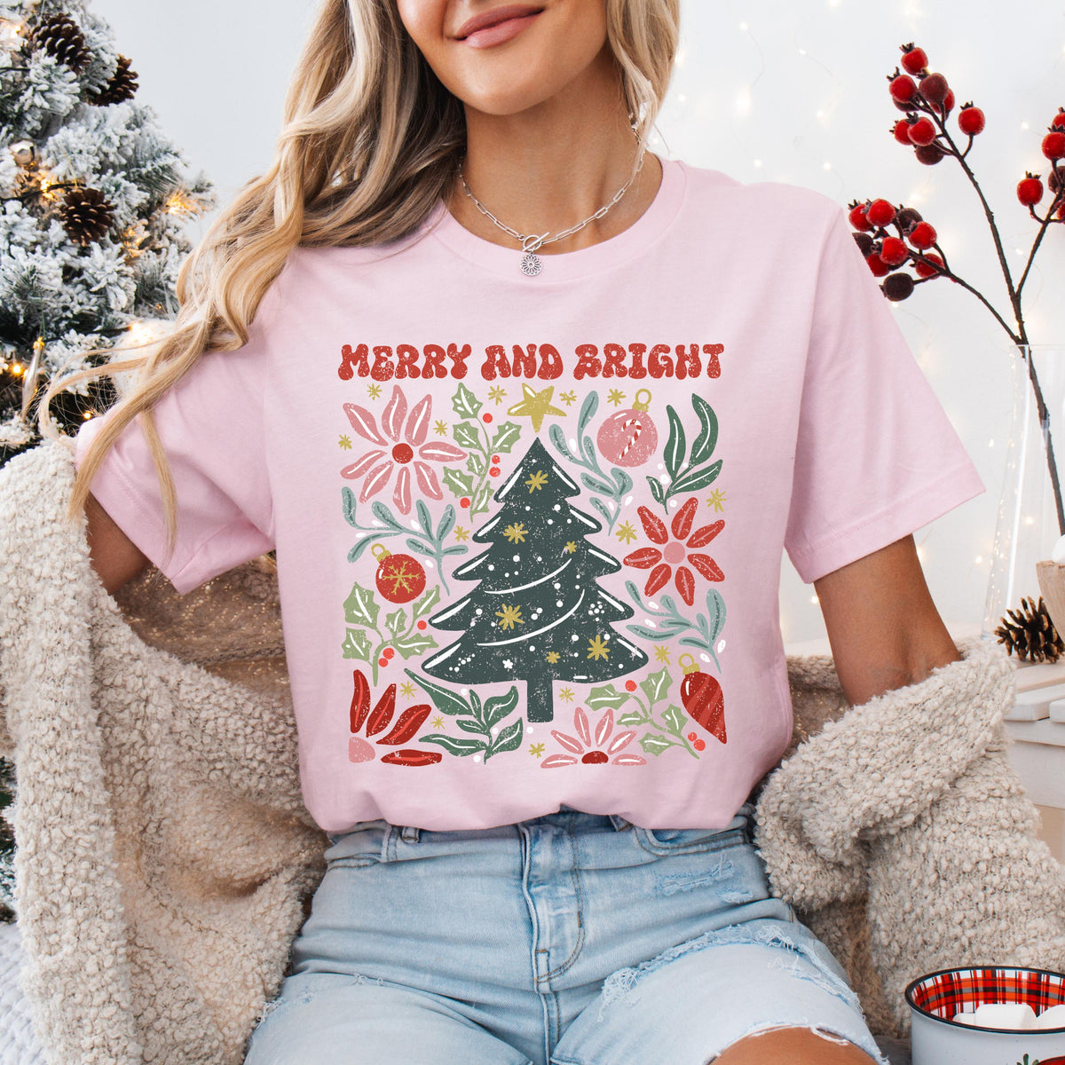 Merry Christmas Sweatshirt, Floral Christmas Tree Tee, Holiday Women Gift Shirt