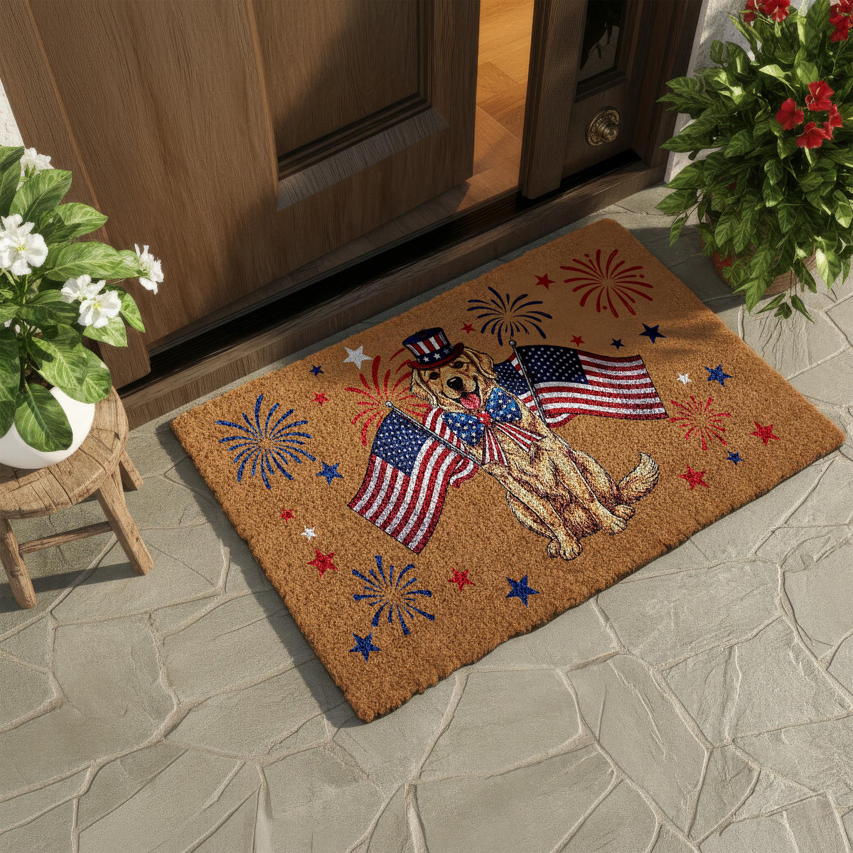 Golden Retriever 4th of July Doormat, Patriotic Dog Welcome Mat, USA Anniversary Housewarming Gift, American Flag Front Porch Coir Rug