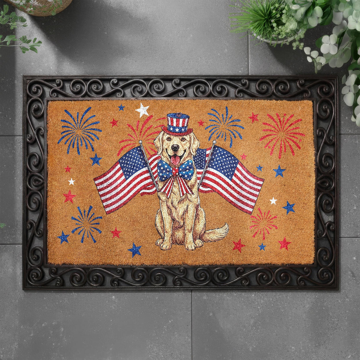 Golden Retriever 4th of July Doormat, Patriotic Dog Welcome Mat, USA Anniversary Housewarming Gift, American Flag Front Porch Coir Rug