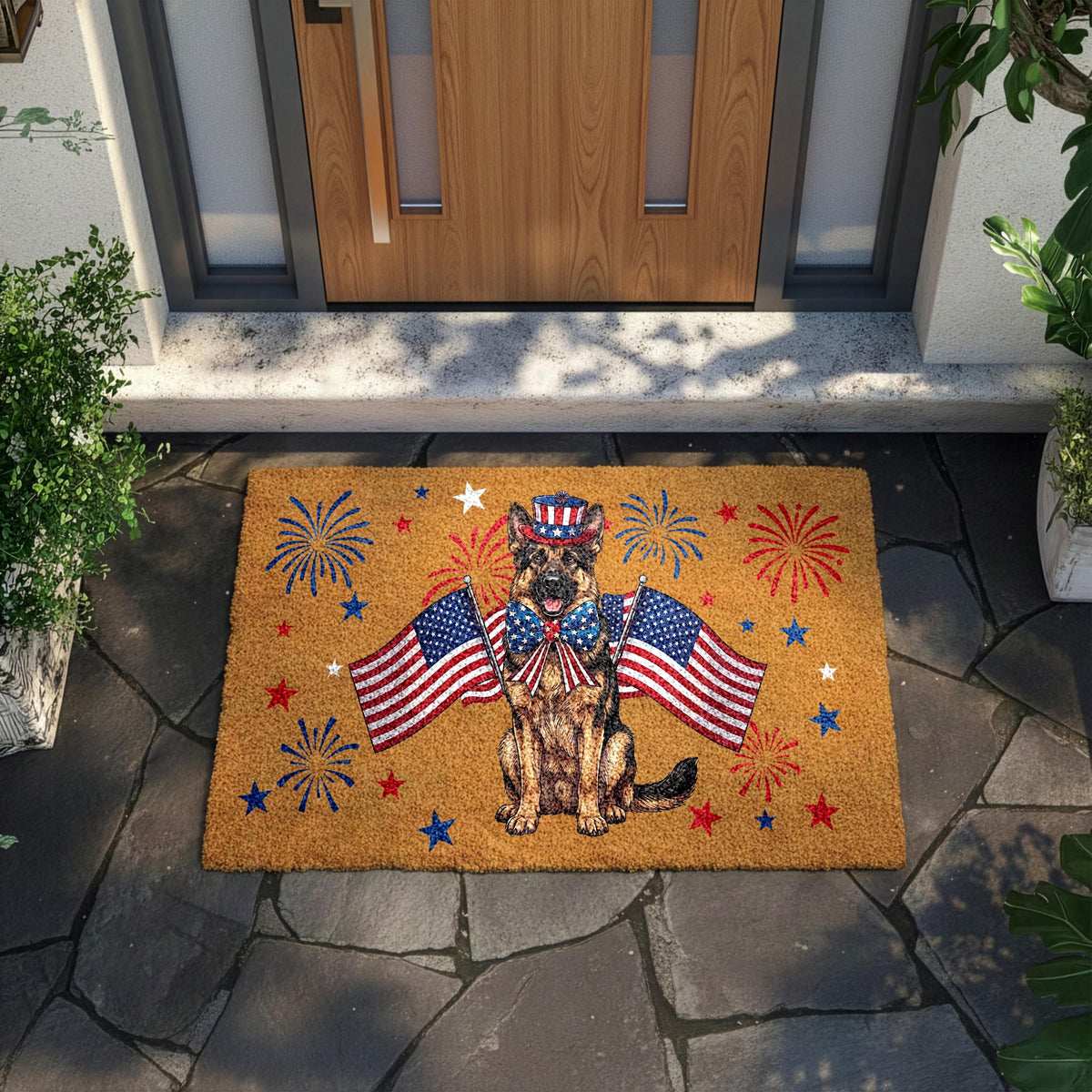 German Shepherd 4th of July Doormat, Patriotic Dog Welcome Mat, USA Anniversary Housewarming Gift, American Flag Front Porch Coir Rug