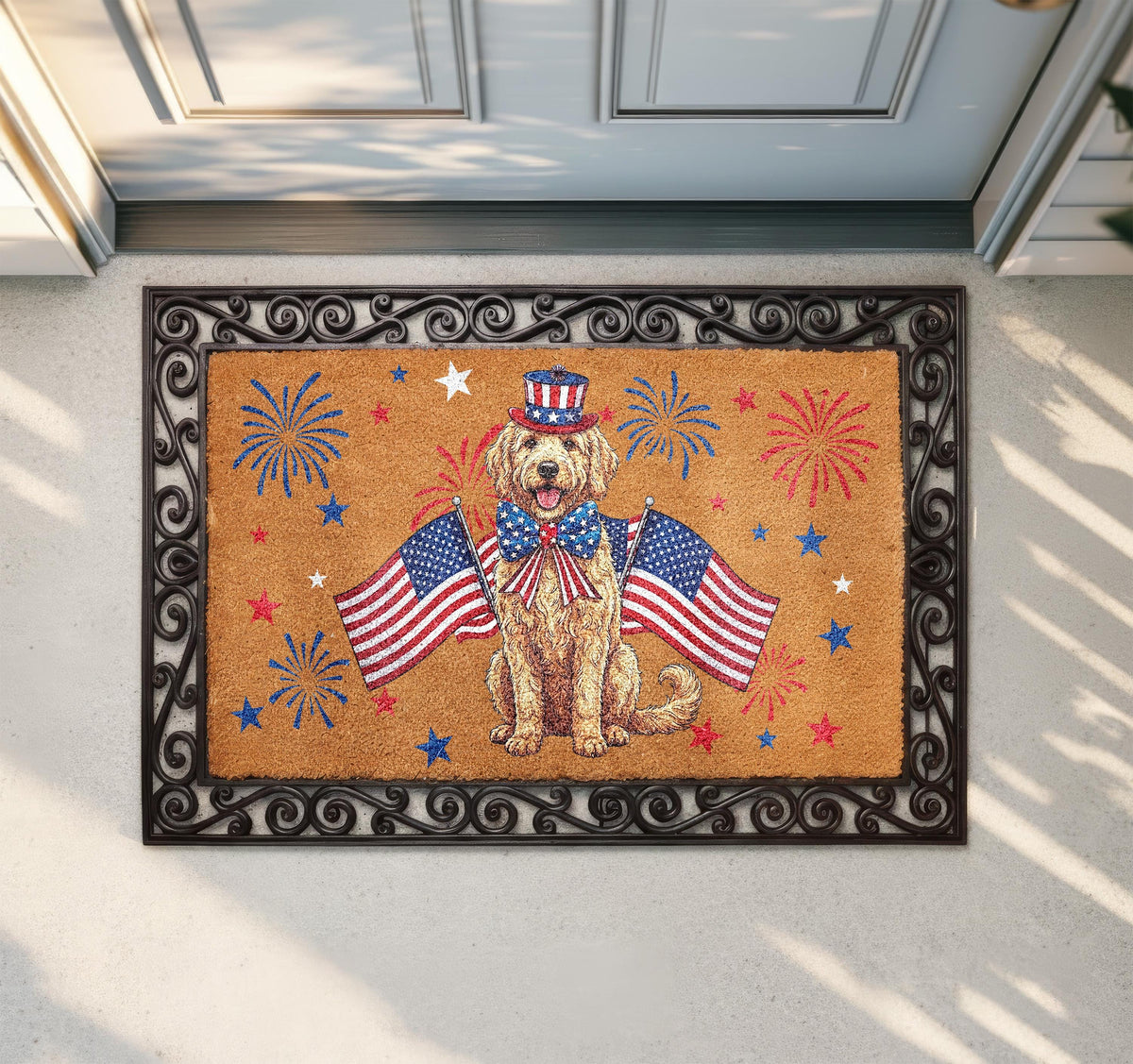 Goldendoodle 4th of July Doormat, Patriotic Dog Welcome Mat, USA Anniversary Housewarming Gift, American Flag Front Porch Rug