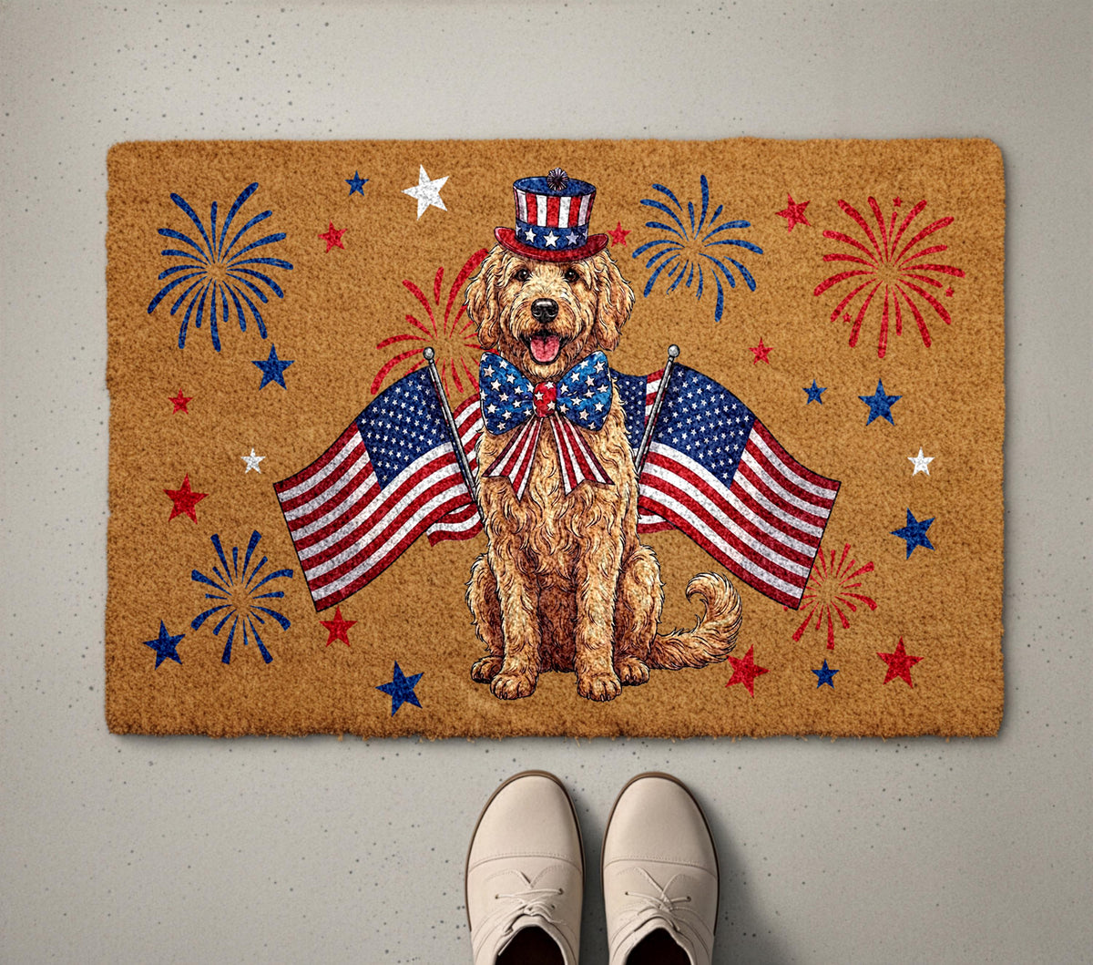 Goldendoodle 4th of July Doormat, Patriotic Dog Welcome Mat, USA Anniversary Housewarming Gift, American Flag Front Porch Rug