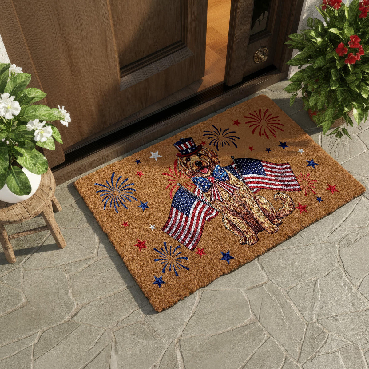 Goldendoodle 4th of July Doormat, Patriotic Dog Welcome Mat, USA Anniversary Housewarming Gift, American Flag Front Porch Rug