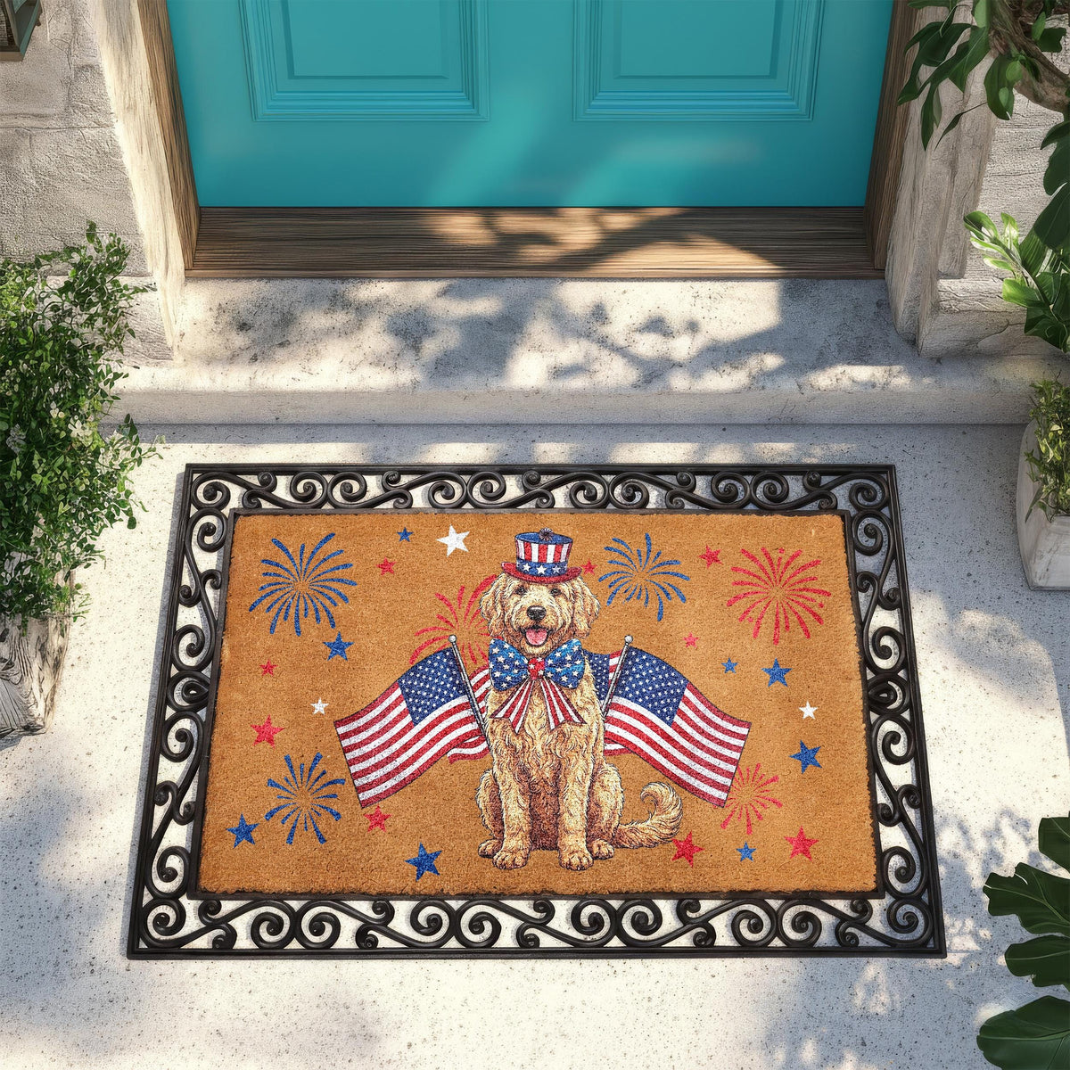 Goldendoodle 4th of July Doormat, Patriotic Dog Welcome Mat, USA Anniversary Housewarming Gift, American Flag Front Porch Rug