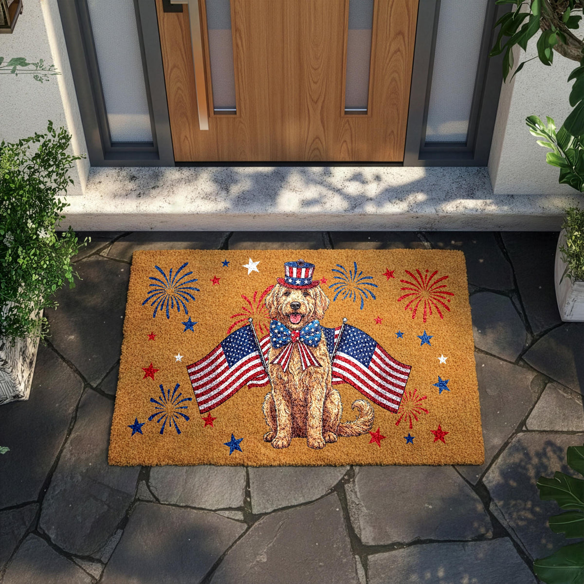 Goldendoodle 4th of July Doormat, Patriotic Dog Welcome Mat, USA Anniversary Housewarming Gift, American Flag Front Porch Rug