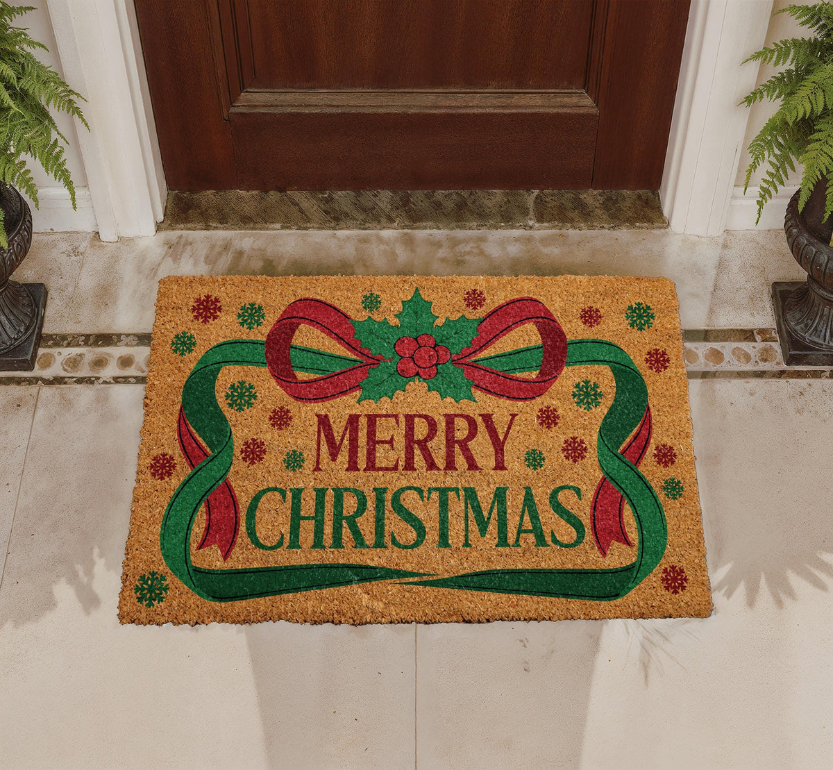 Merry Christmas Door Mat – Festive Red Bow, Holly, Snowflakes (Weather-Resistant)