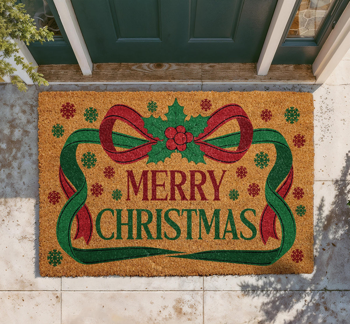Merry Christmas Door Mat – Festive Red Bow, Holly, Snowflakes (Weather-Resistant)