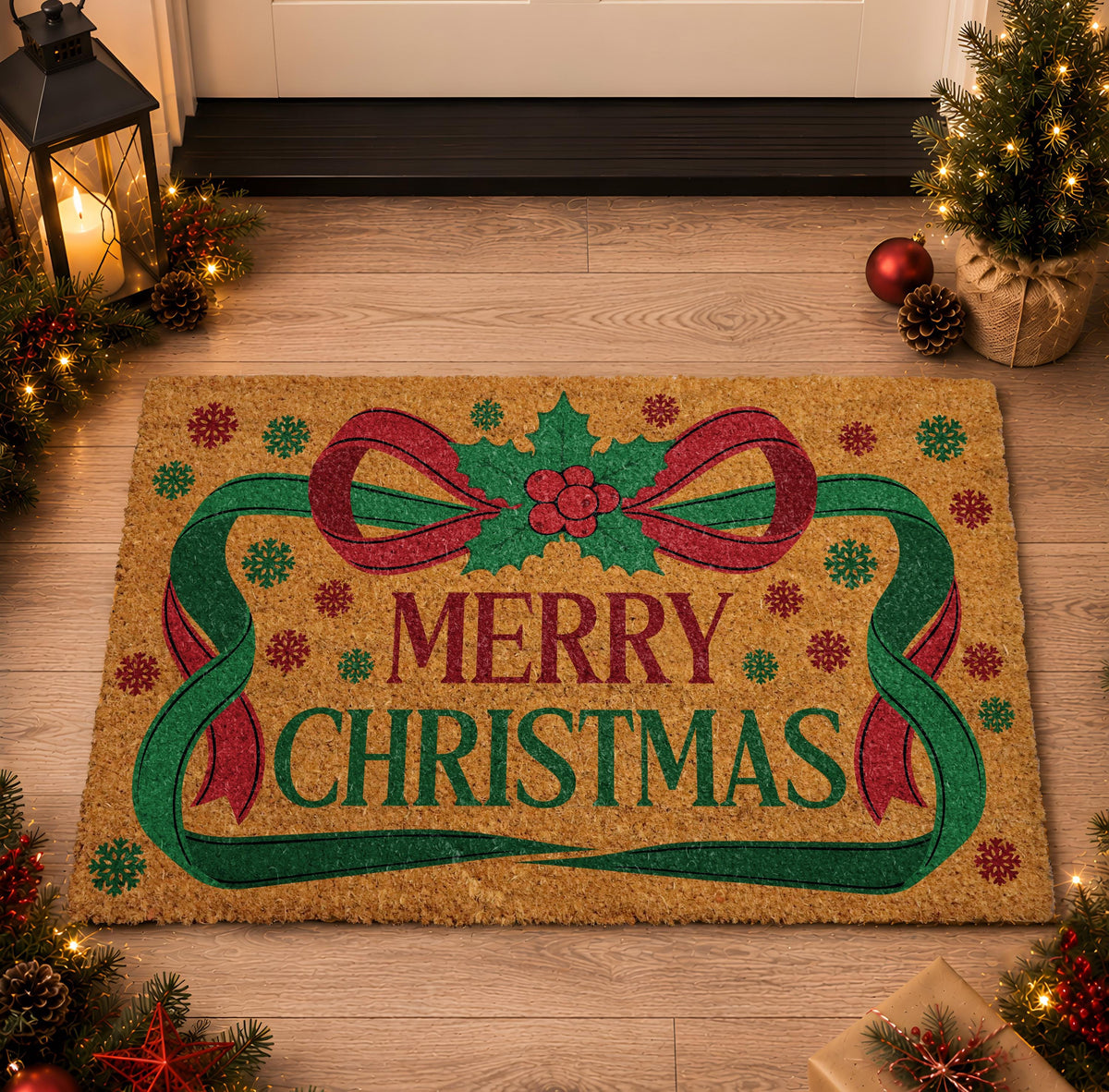 Merry Christmas Door Mat – Festive Red Bow, Holly, Snowflakes (Weather-Resistant)