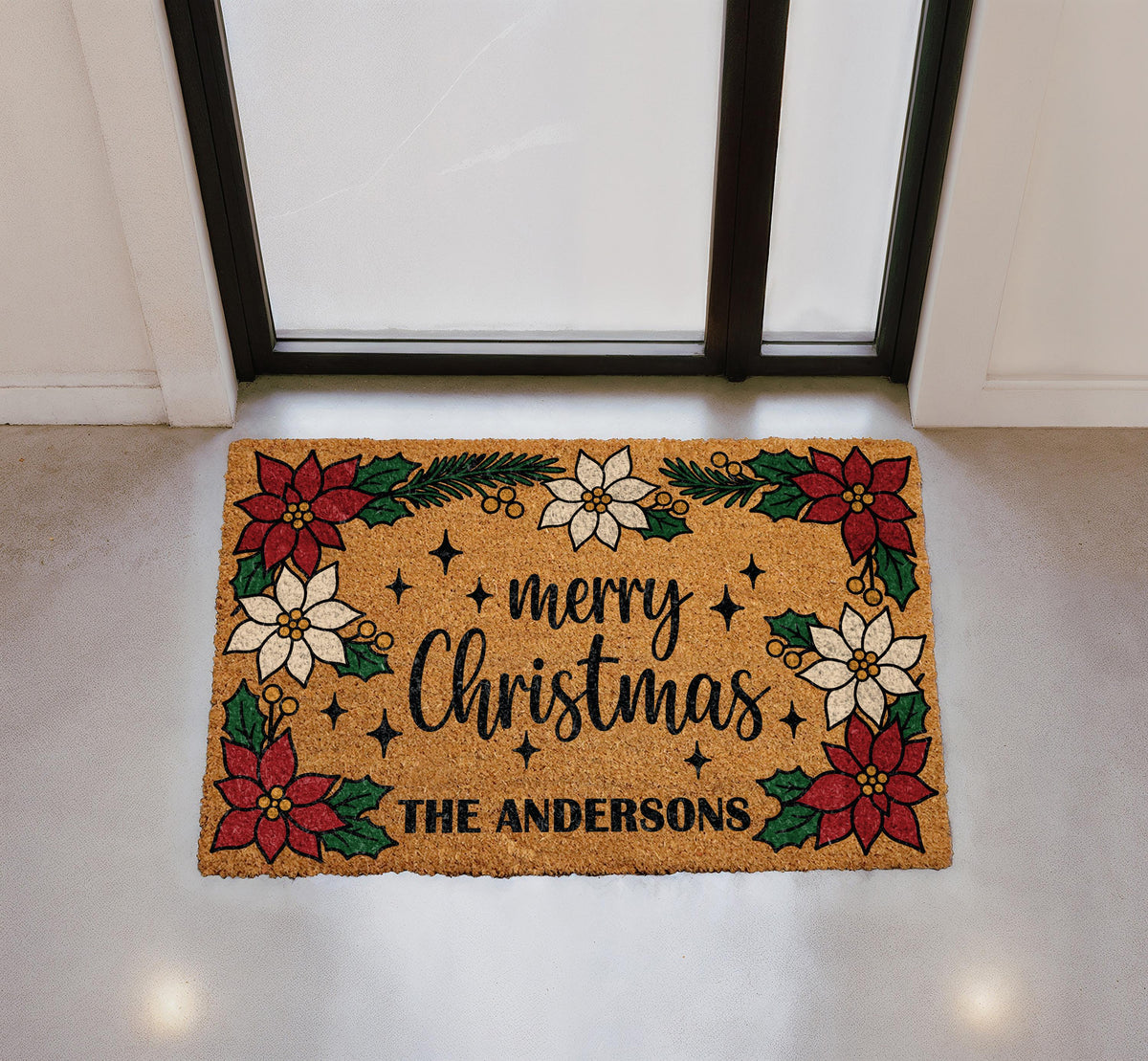 Personalized Christmas Family Doormat, Custom Last Name Holiday Welcome Mat, Farmhouse Porch Decor