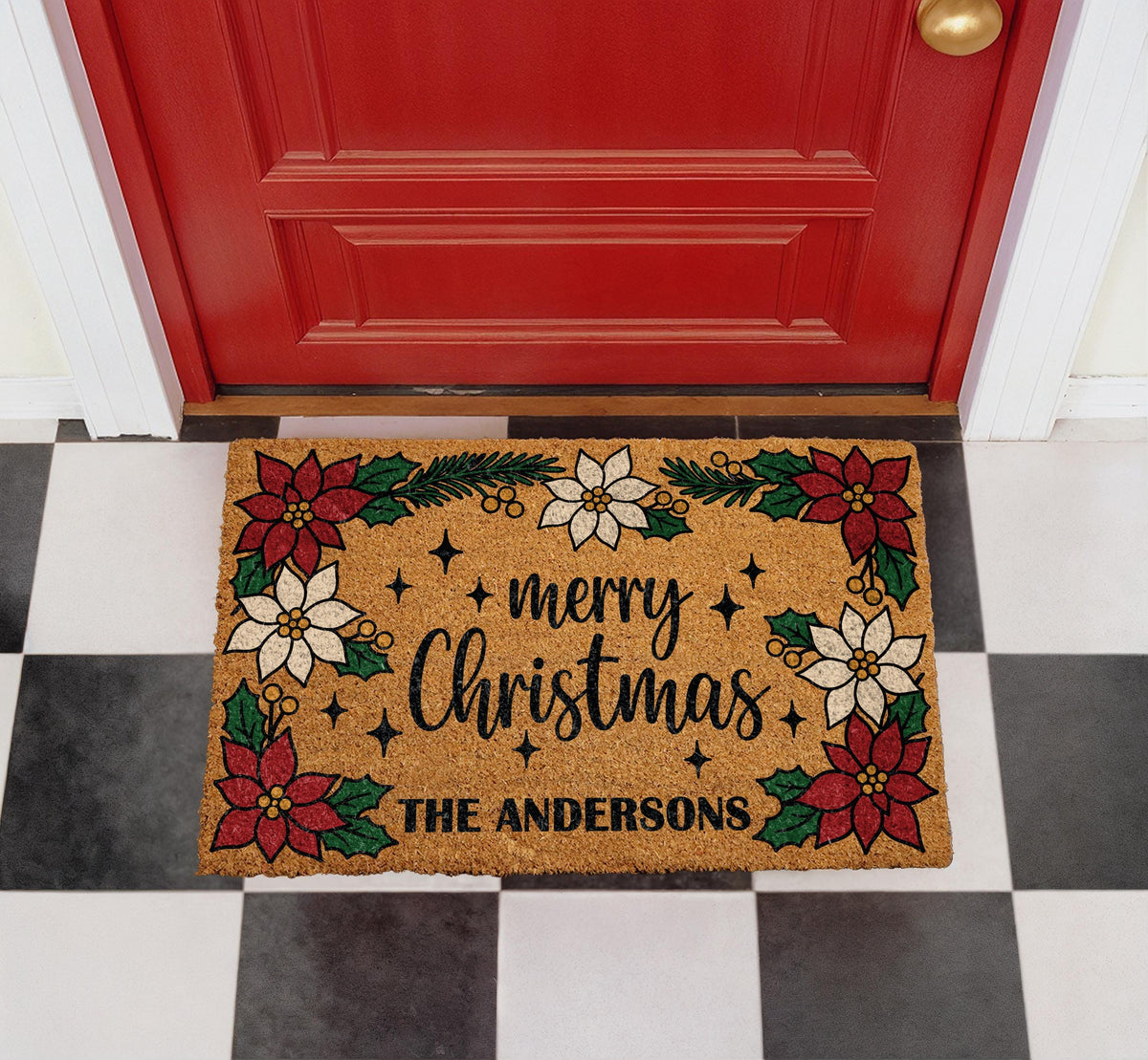 Personalized Christmas Family Doormat, Custom Last Name Holiday Welcome Mat, Farmhouse Porch Decor