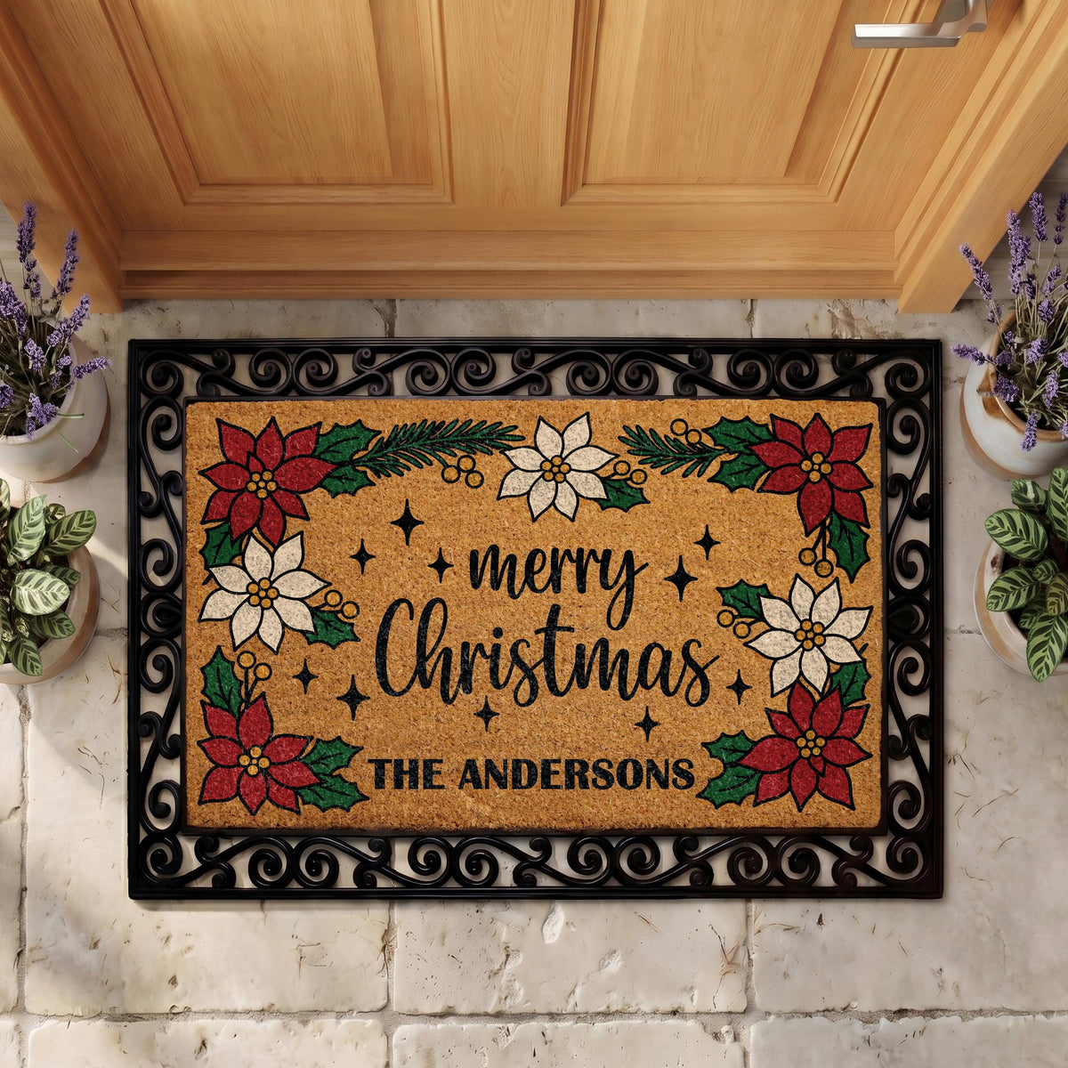 Personalized Christmas Family Doormat, Custom Last Name Holiday Welcome Mat, Farmhouse Porch Decor
