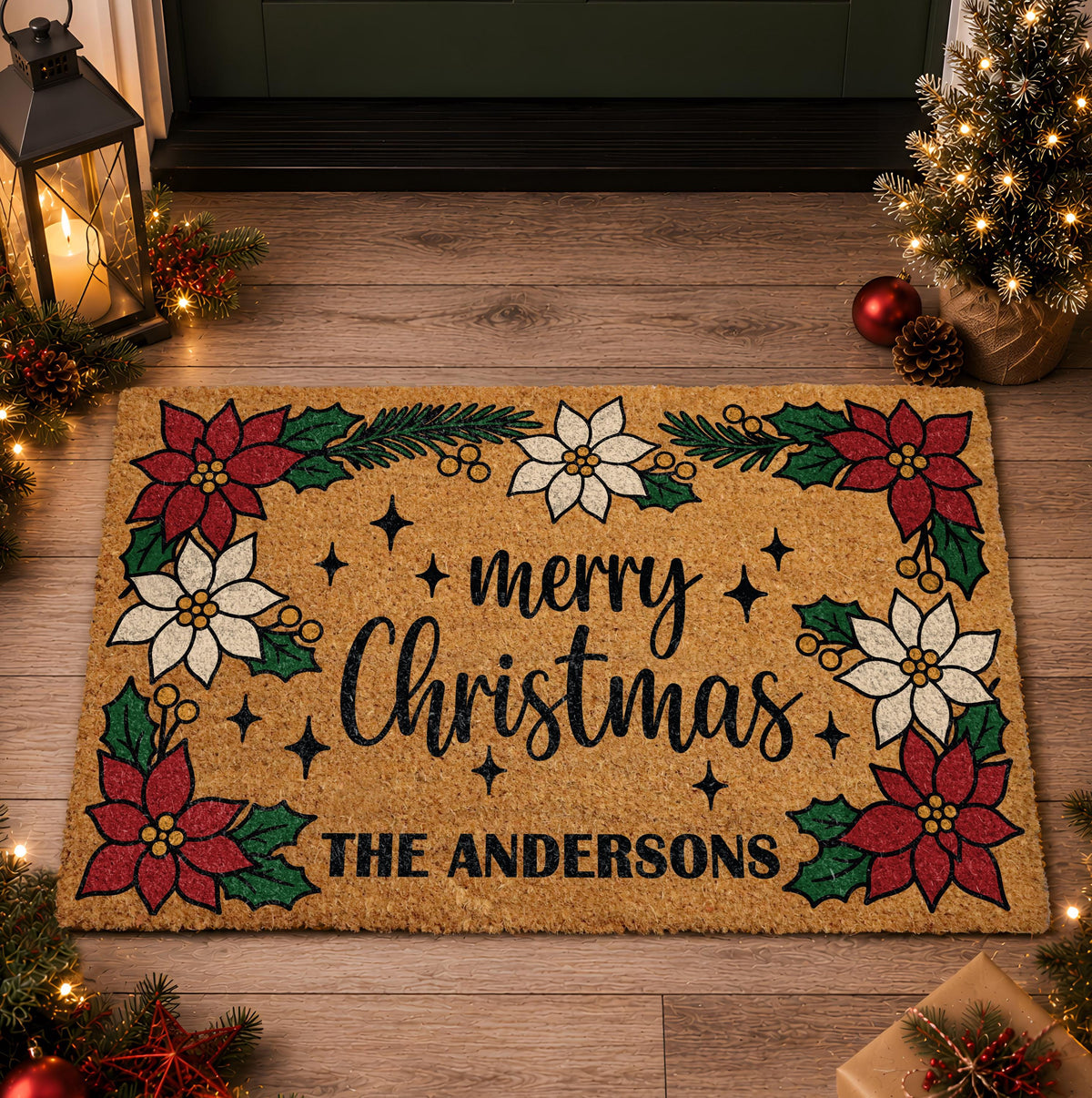 Personalized Christmas Family Doormat, Custom Last Name Holiday Welcome Mat, Farmhouse Porch Decor
