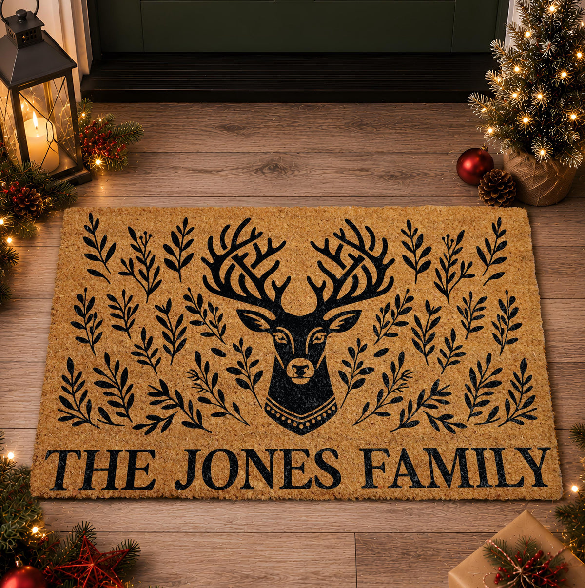 Personalized Deer and Foliage Coir Doormat