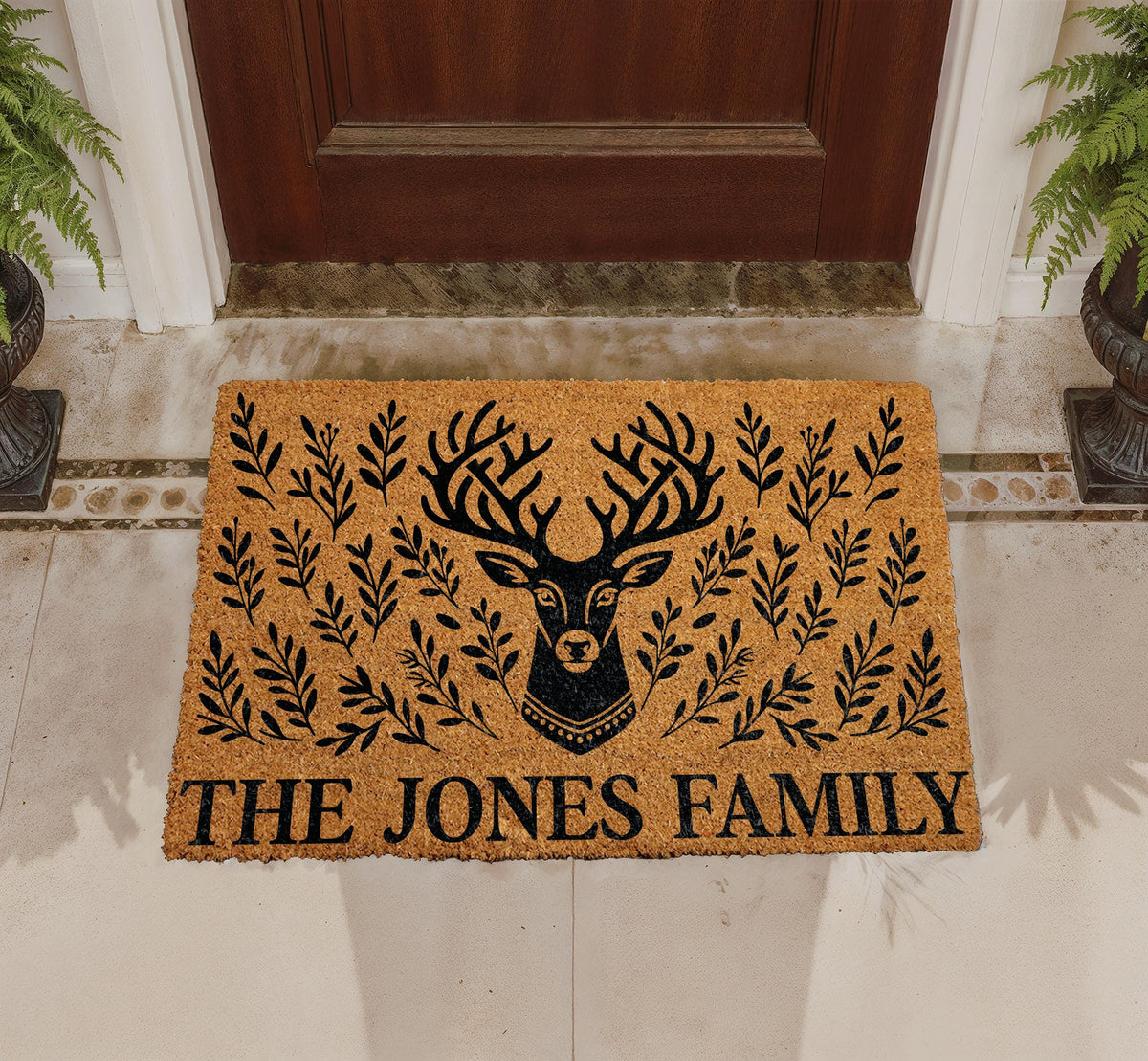Personalized Deer and Foliage Coir Doormat