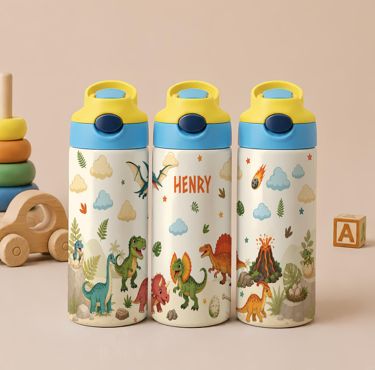 Personalized Dinosaur Tumbler, 12oz Insulated Kids Water Bottle (Leak-Proof)
