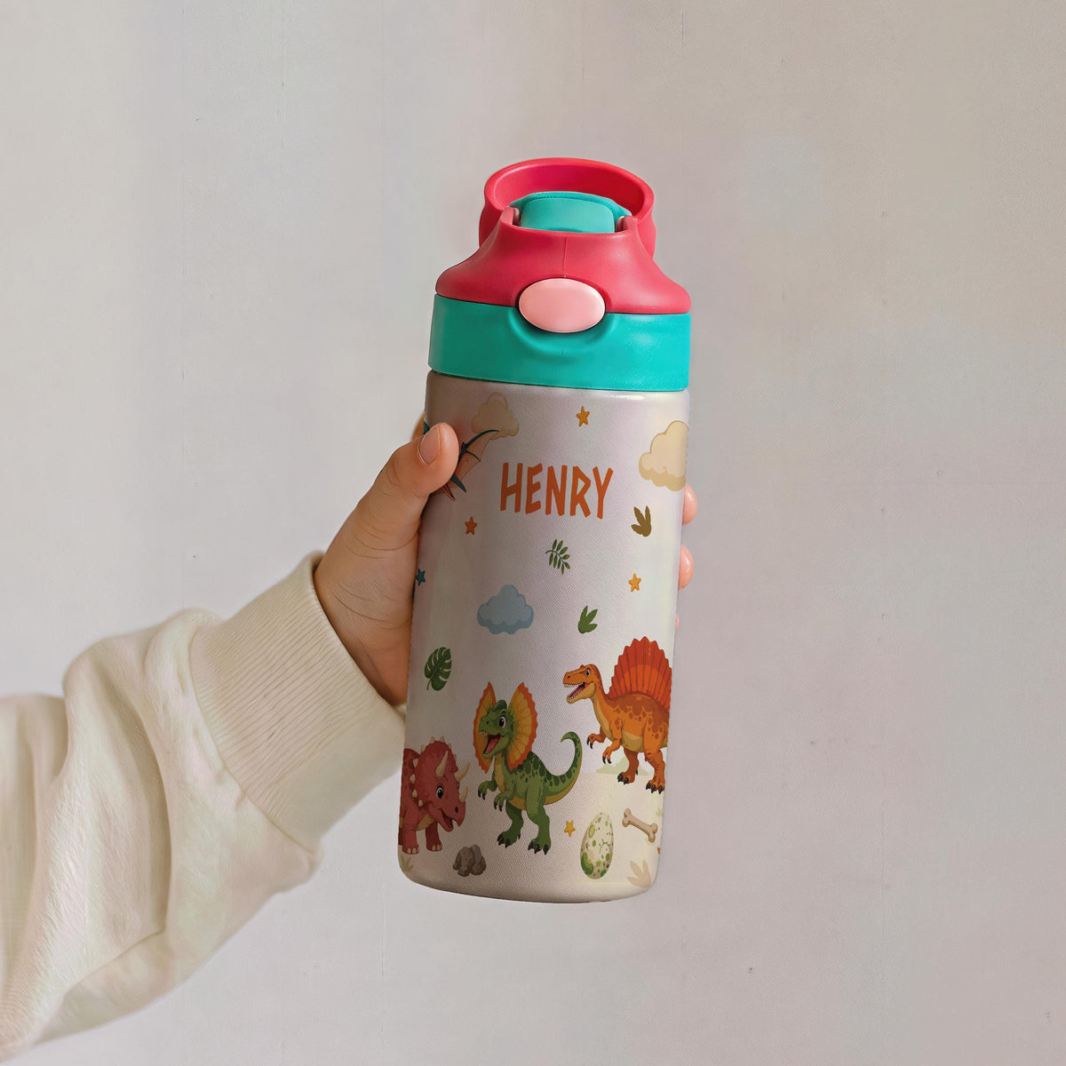 Personalized Dinosaur Tumbler, 12oz Insulated Kids Water Bottle (Leak-Proof)