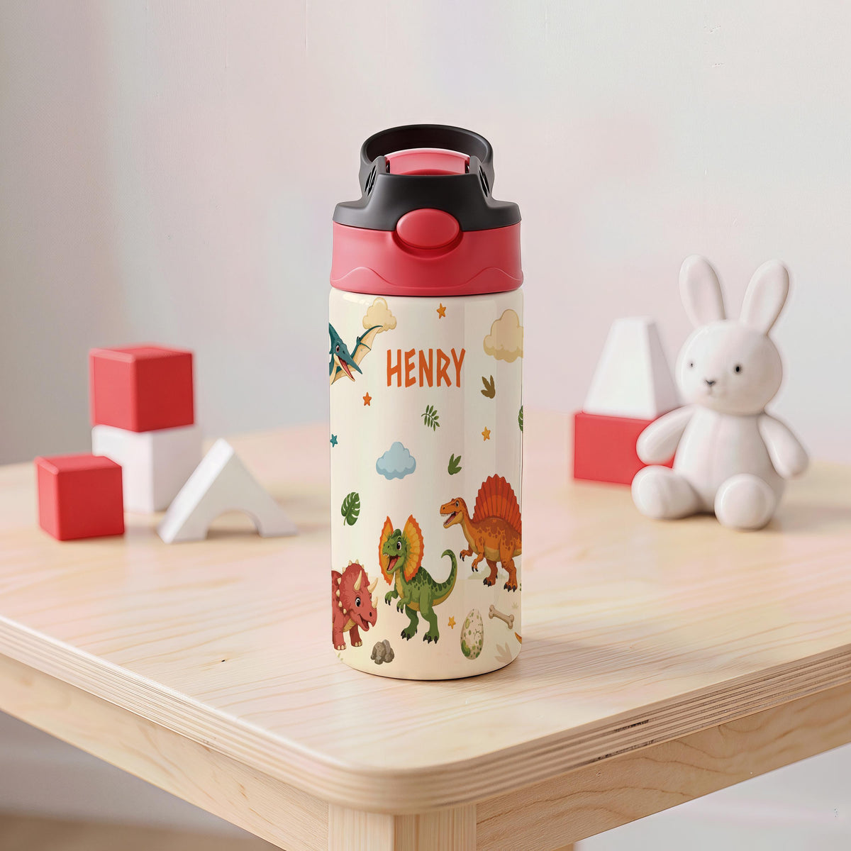 Personalized Dinosaur Tumbler, 12oz Insulated Kids Water Bottle (Leak-Proof)