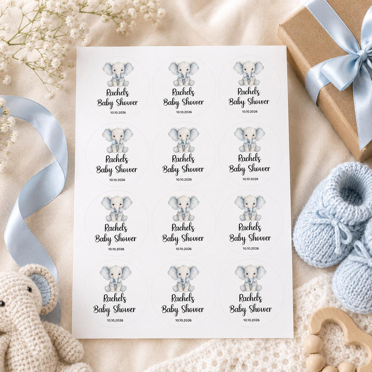 Custom Baby Shower Stickers, Blue Carriage Favor Labels, Personalized Thank You (Round)