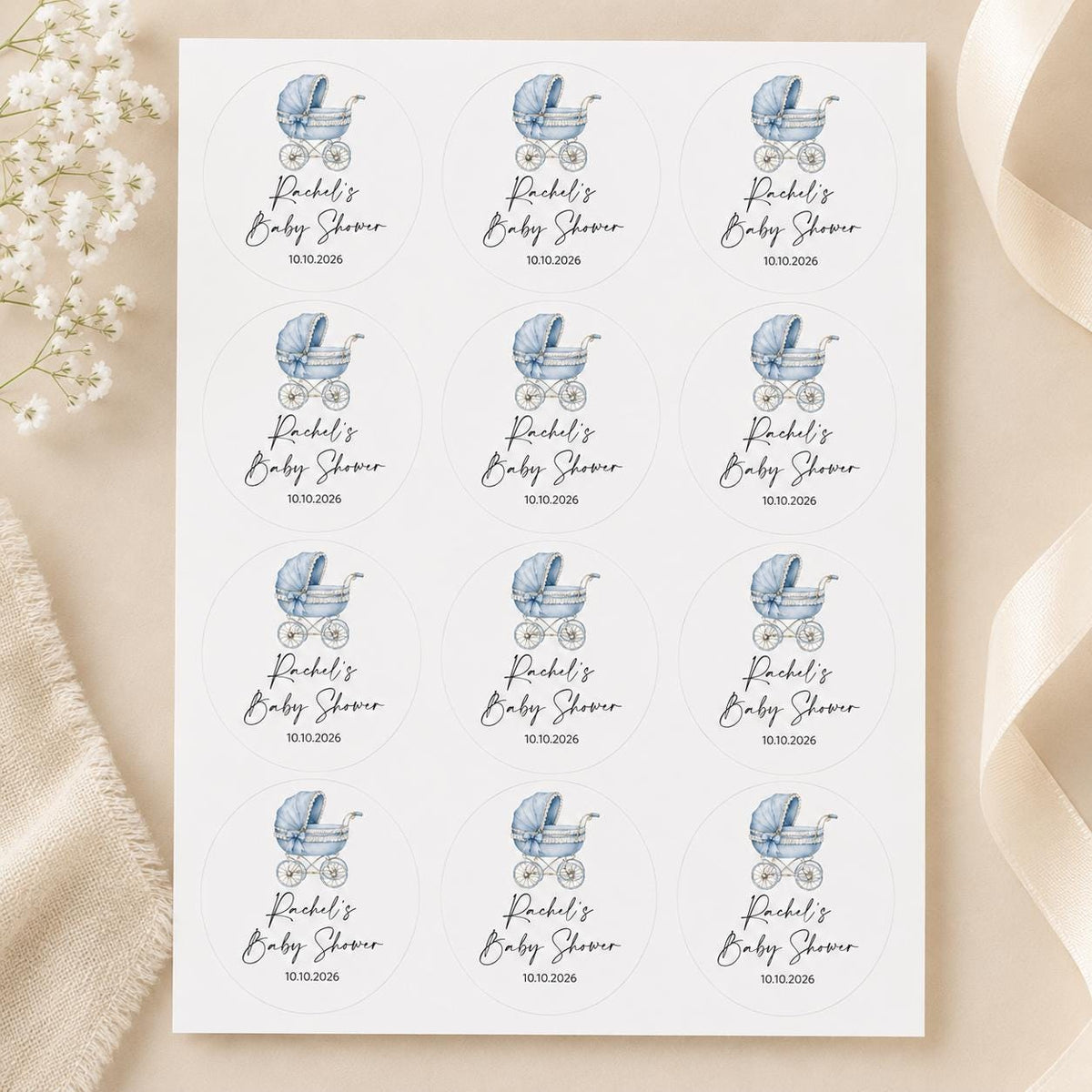 Custom Baby Shower Stickers, Blue Carriage Favor Labels, Personalized Thank You (Round)