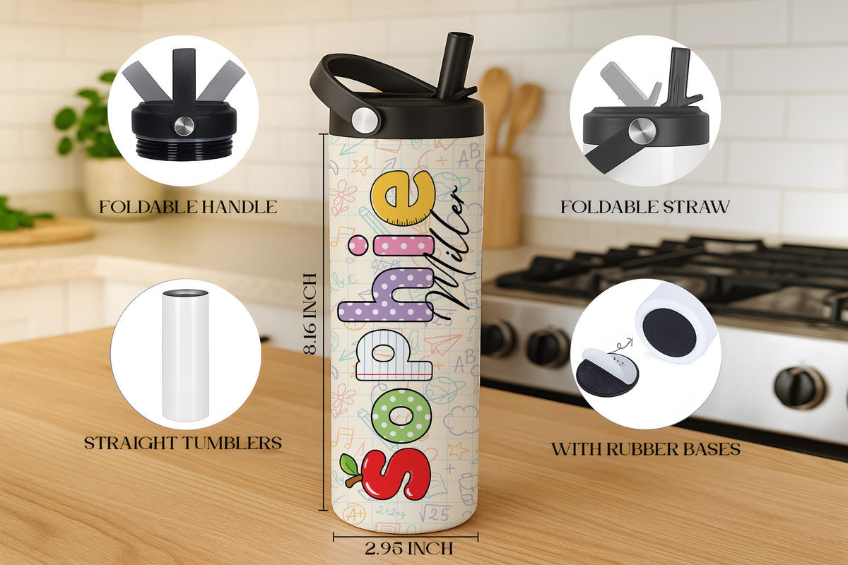 Custom Kids Tumbler With Handle 20oz - Personalized Back To School Gift - Stainless Steel Insulated Straw Cup