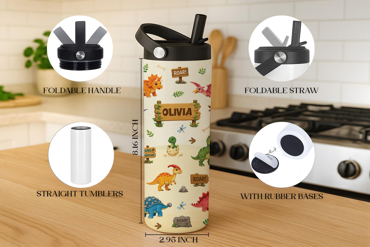 Personalized Dinosaur Insulated Tumbler, Cute Dino Kids Steel Water Bottle With Foldable Straw