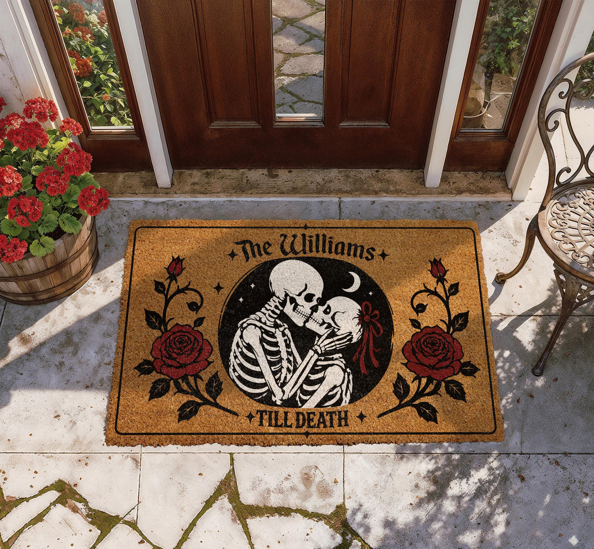 Funny Spooky Home Doormat - Gothic Skeleton Welcome Mat - Romantic Couple Door Mat - Skeleton Love Heart Entry