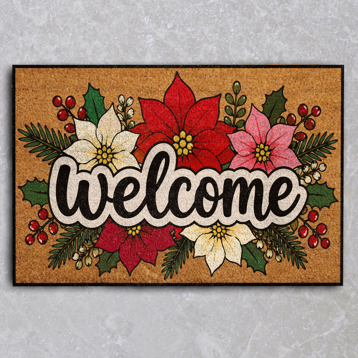 Poinsettia Welcome Mat, Christmas Floral Coir Doormat