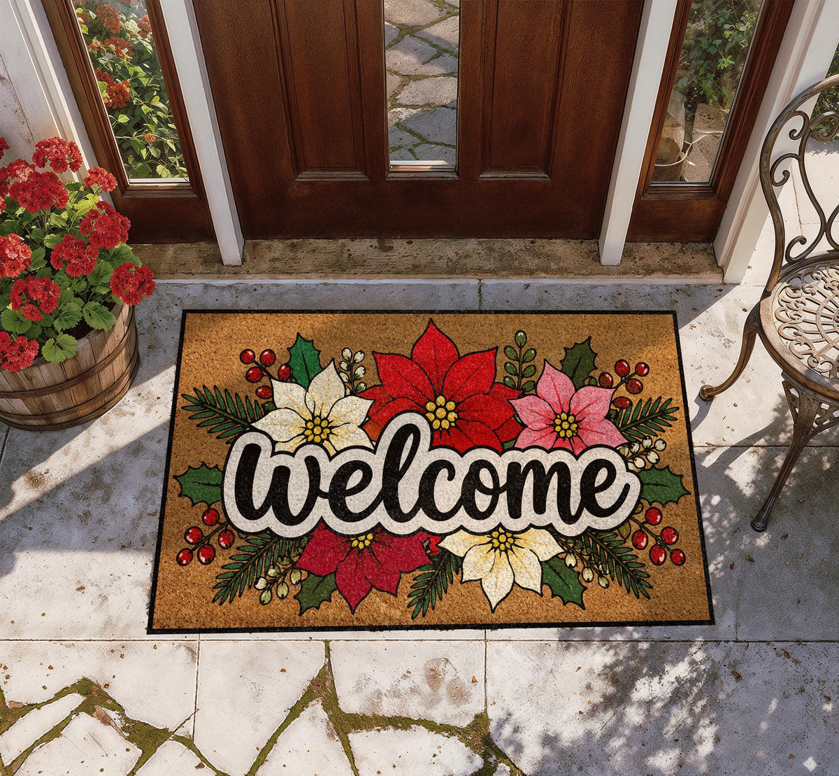 Poinsettia Welcome Mat, Christmas Floral Coir Doormat