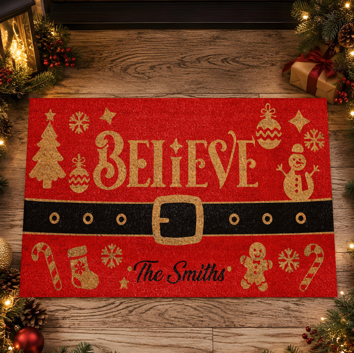 Custom Last Name Believe Christmas Doormat, Red Santa Belt Holiday Welcome Mat