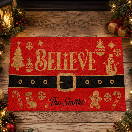 Custom Last Name Believe Christmas Doormat, Red Santa Belt Holiday Welcome Mat