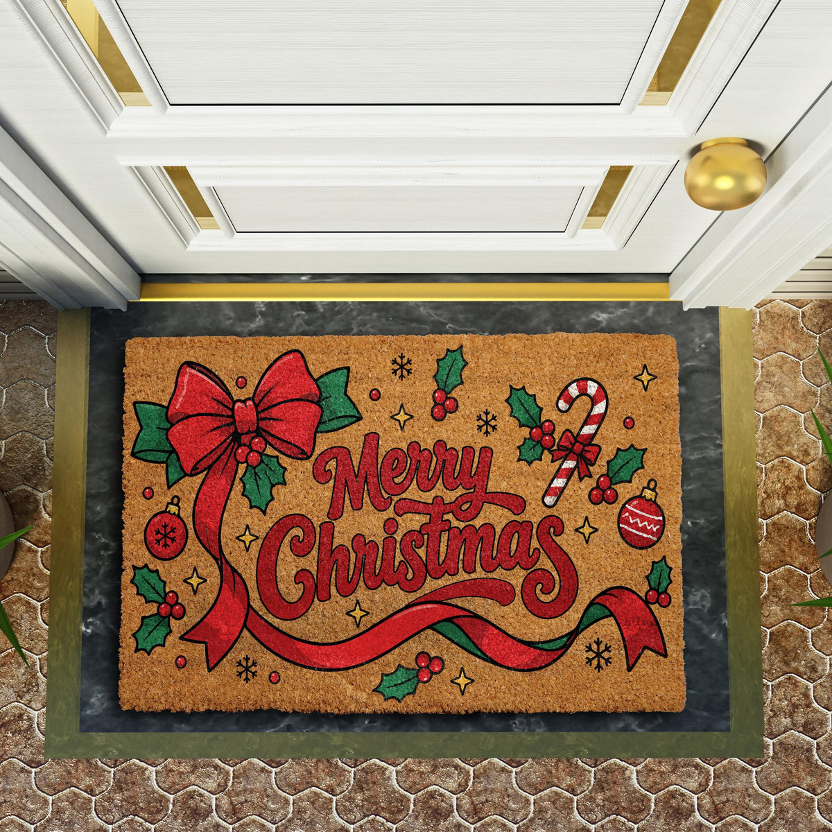 Red Ribbon Bow Holiday Doormat, Aesthetic Merry Christmas Welcome Mat