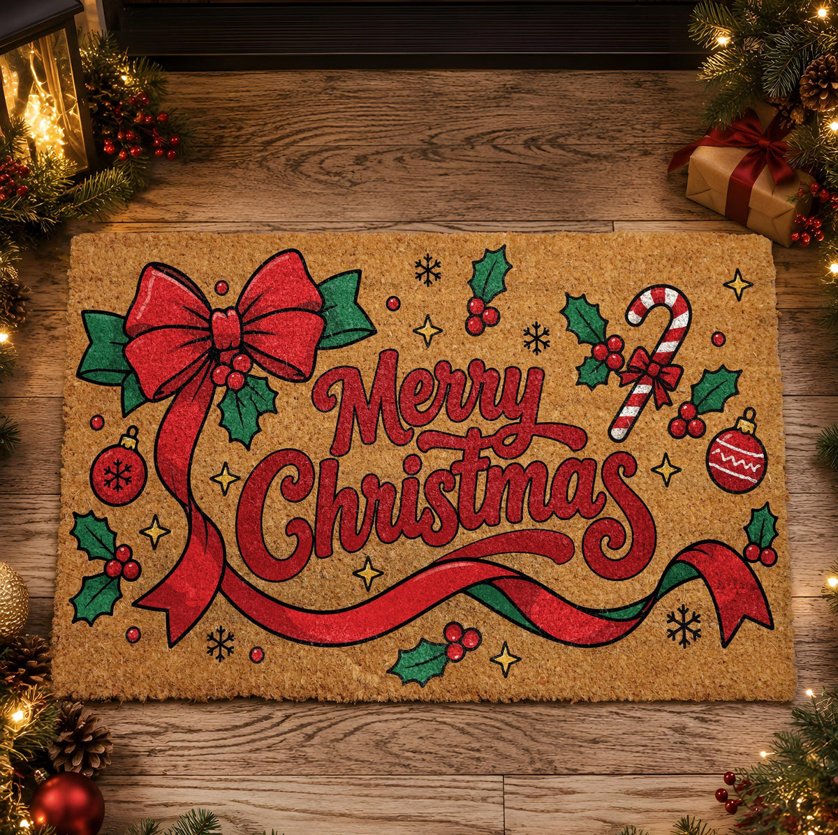 Red Ribbon Bow Holiday Doormat, Aesthetic Merry Christmas Welcome Mat